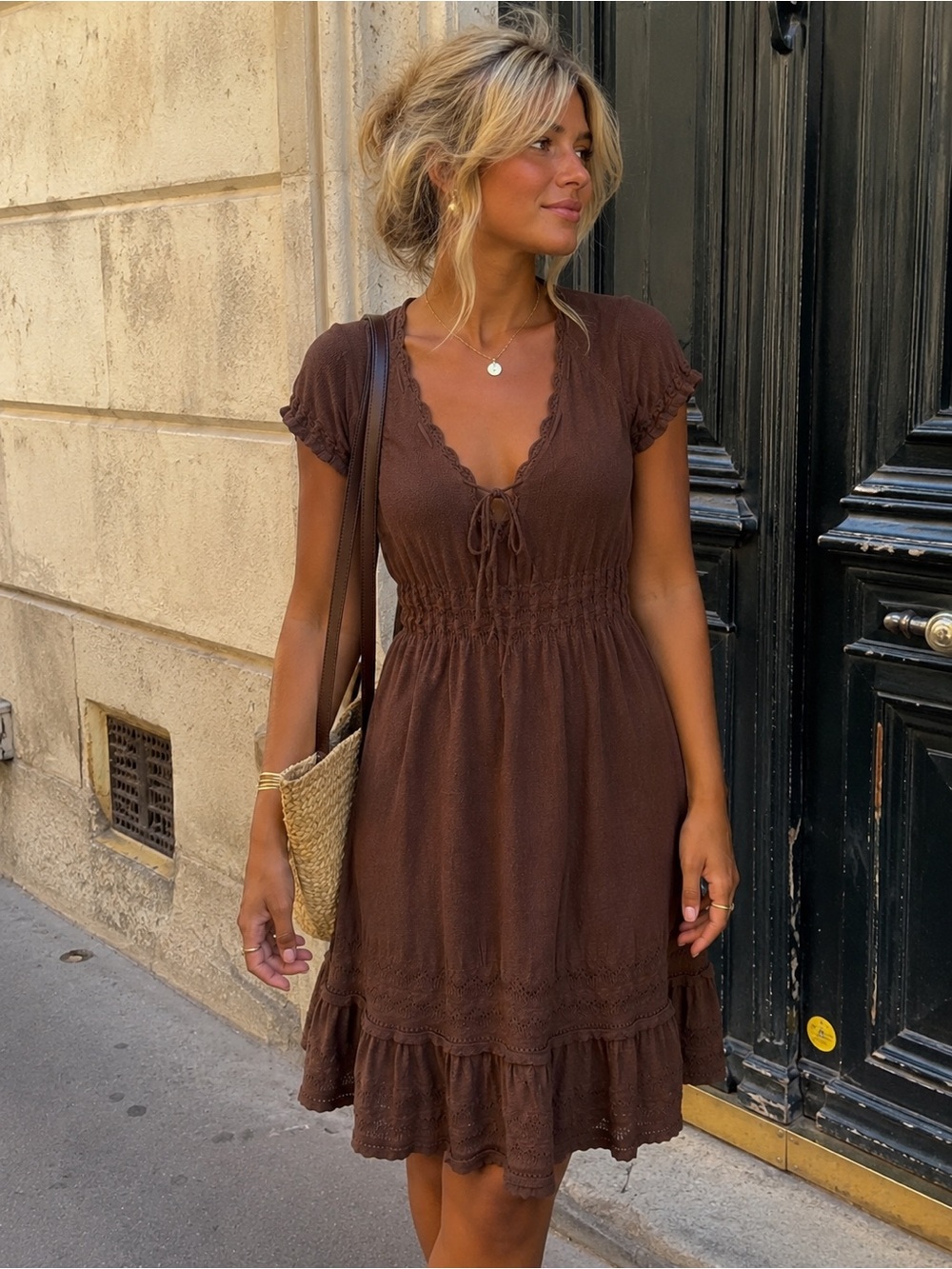 Max Edition Brown Pointelle Knit Ruffle Dress Medium Boho Cottagecore Soft Y2K